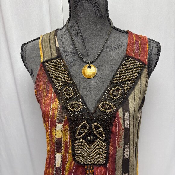 Maurices Boho Sleeveless Top Womens Sz Large Beaded V-Neck Multicolored Stripes - Picture 2 of 8